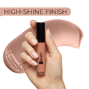 Lip gloss held by a hand with 'High-Shine Finish' text above