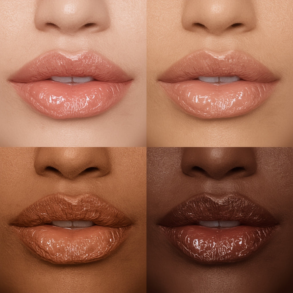 Four close-up images of lips with different skin tones and lip colors.
