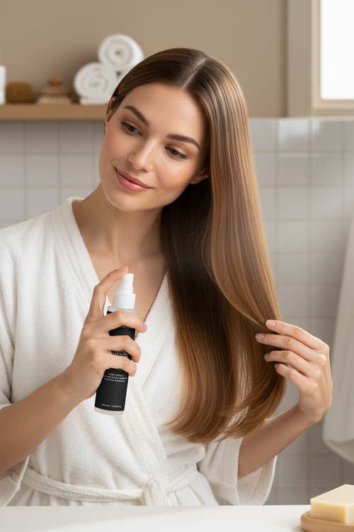 Woman in a white robe holding a hair product in a bathroom setting