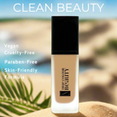 Foundation bottle with 'True Colour Beauty' branding on a beach background, featuring text about product attributes.