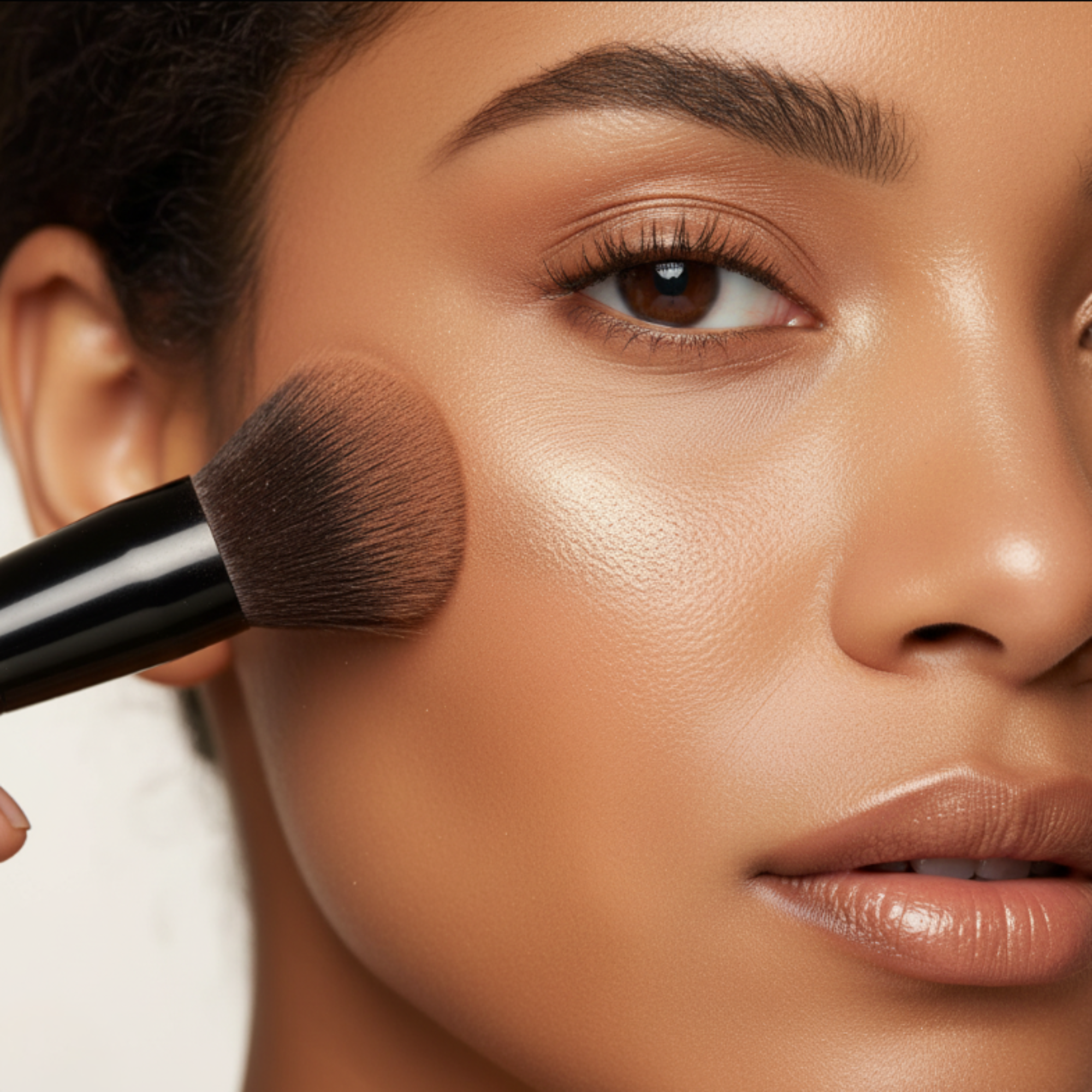 Close-up of a woman applying makeup with a brush to her face.