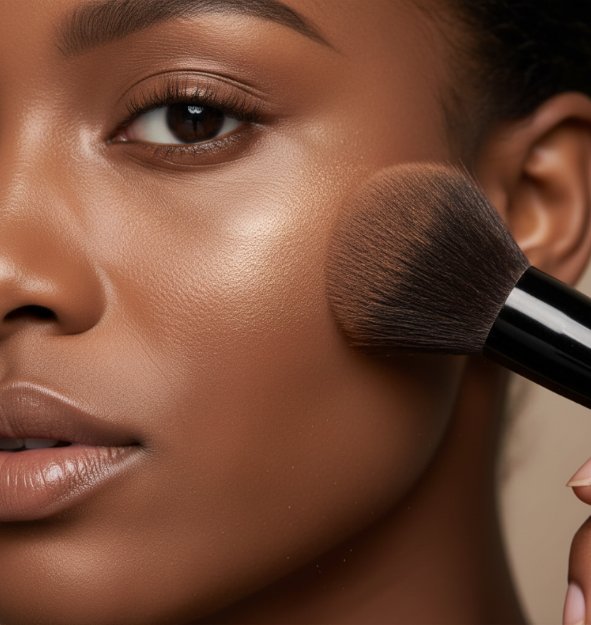 Close-up of a person applying makeup with a brush to their face.