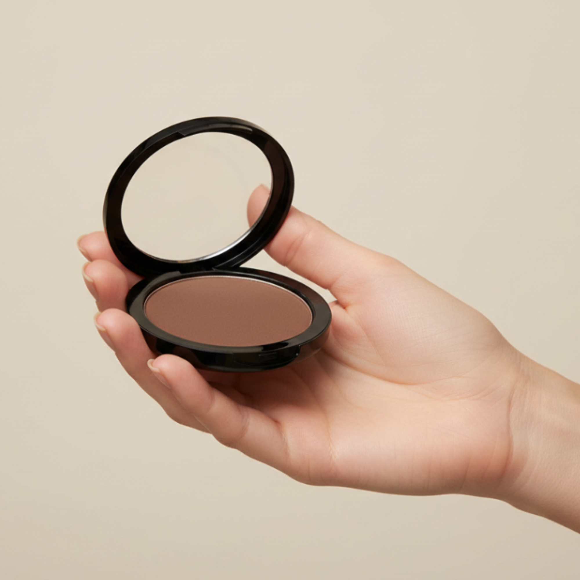 Hand holding a compact powder with a neutral background