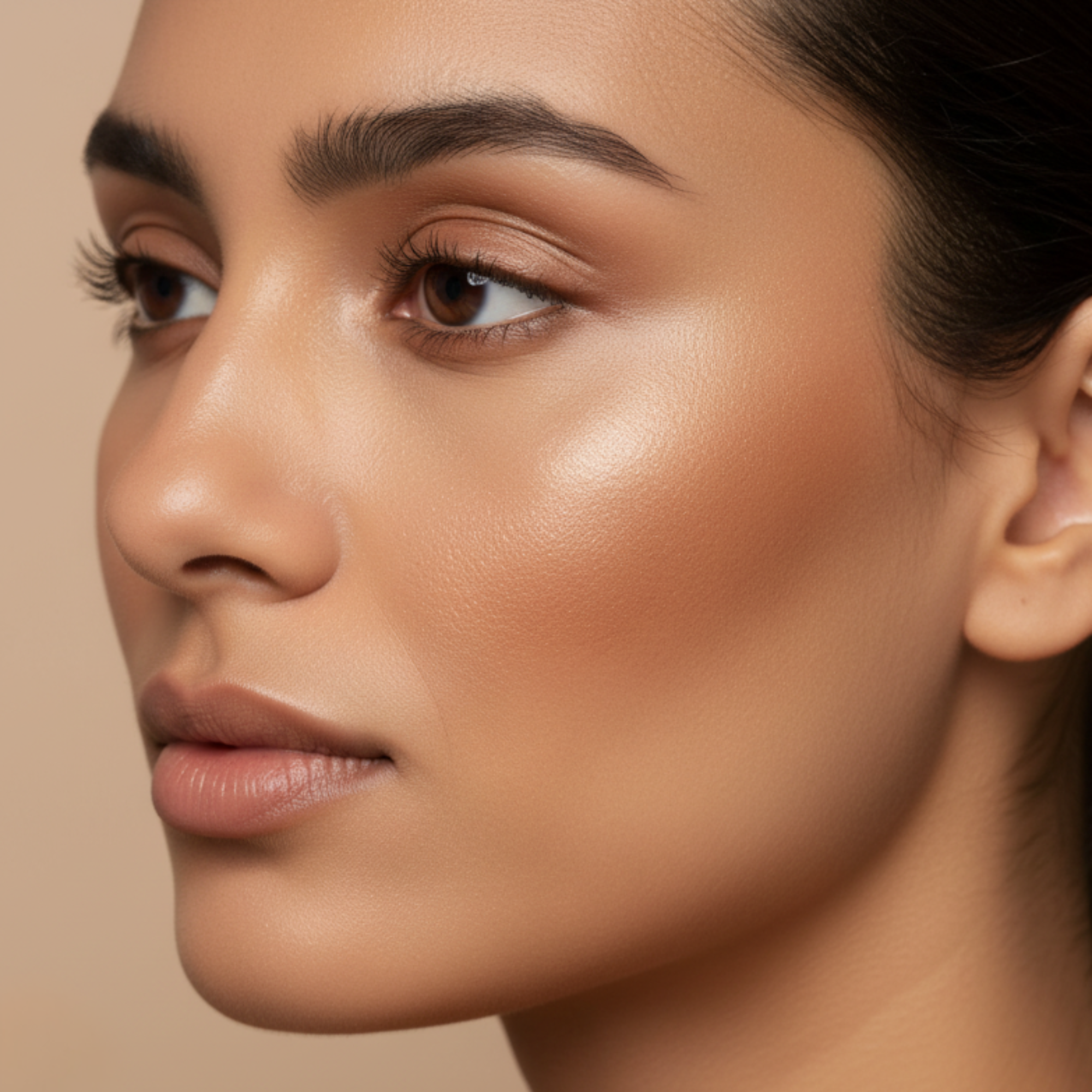 Close-up of a woman's face with a neutral background