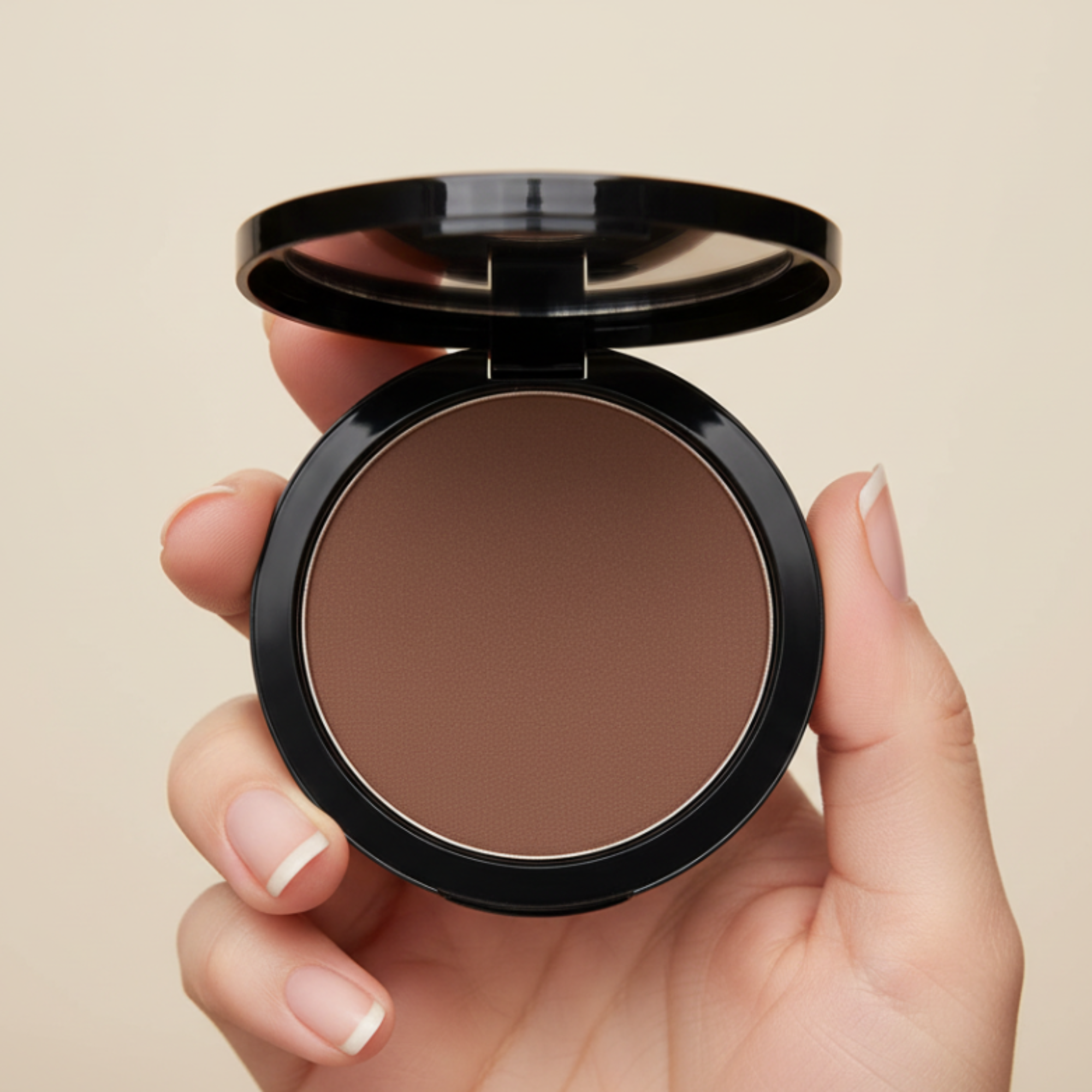 Compact brown powder held in a hand against a beige background