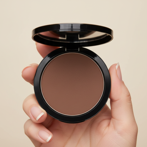 Compact brown powder held in a hand against a beige background