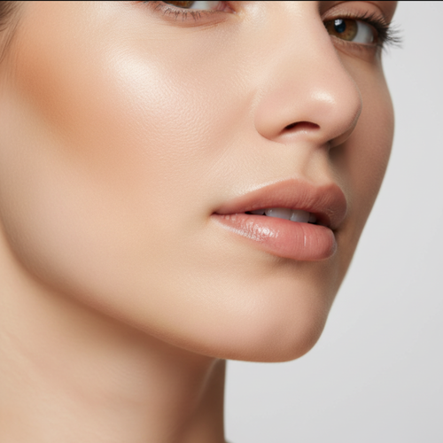 Close-up of a woman's face with a neutral background