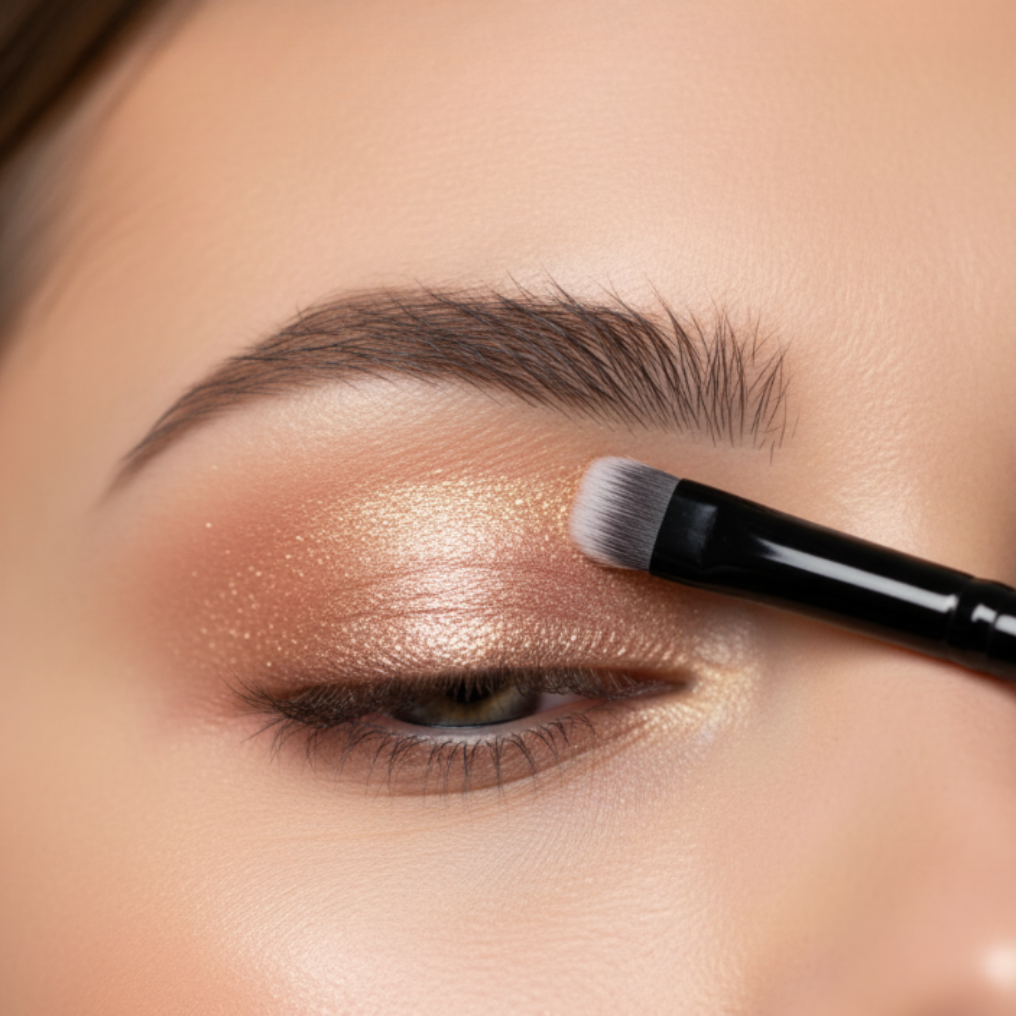 Close-up of a person applying makeup to their eye with a brush.