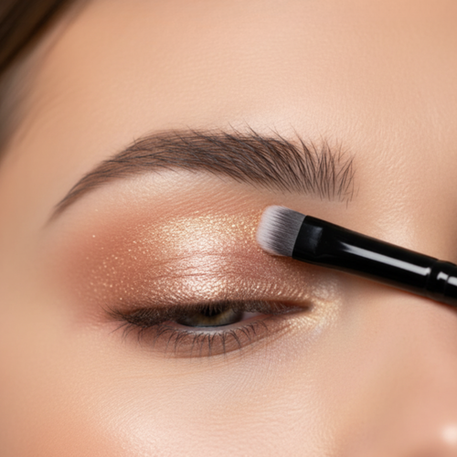 Close-up of a person applying makeup to their eye with a brush.