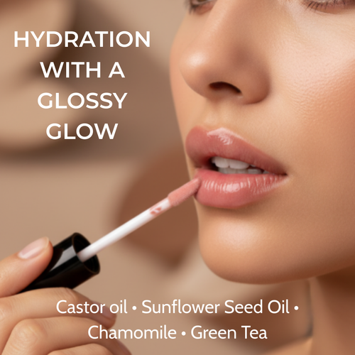 Lip gloss being applied to lips with text about hydration and ingredients.
