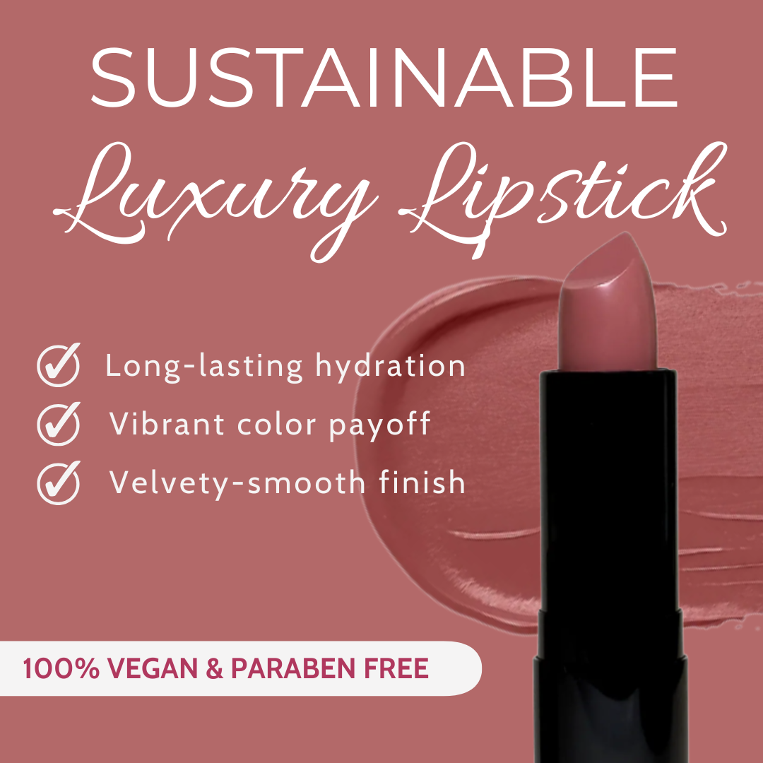 Sustainable luxury lipstick with product and features on a pink background