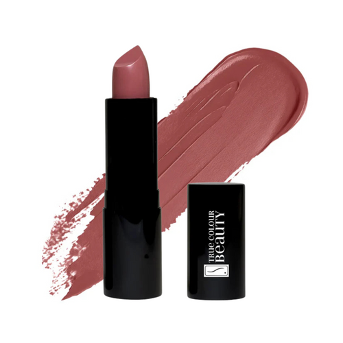 Parisian Petal cream lipstick beside a matching swatch in a soft pink shade