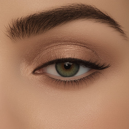 Close-up of a woman's eye with brown eyeshadow and eyeliner on a beige background
