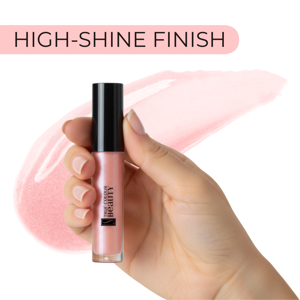 Hand holding a pink lip gloss with 'High-Shine Finish' text above