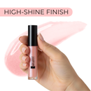 Hand holding a pink lip gloss with 'High-Shine Finish' text above
