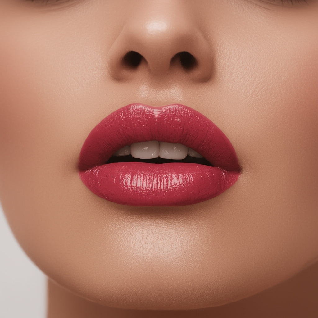 Close-up of a woman's lips with a vibrant pink lipstick on a neutral background