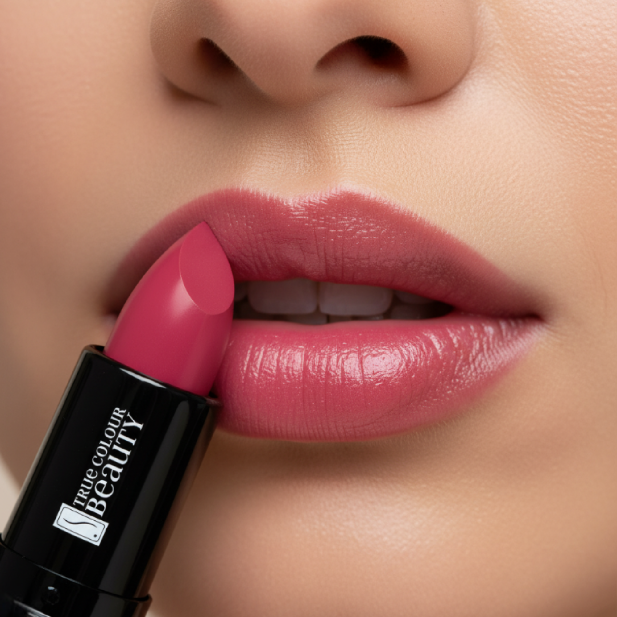 Close-up of a woman applying pink lipstick with a 'Colour Beauty' lipstick.