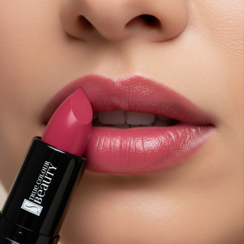 Close-up of a woman applying pink lipstick with a 'Colour Beauty' lipstick.