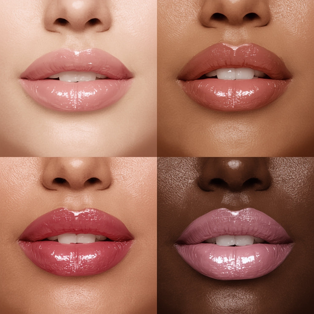 Close-up of lips with a pink lip color on different skin tones.