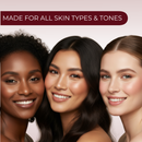 Three women with different skin tones smiling together, with text 'Made for all skin types & tones' above them.
