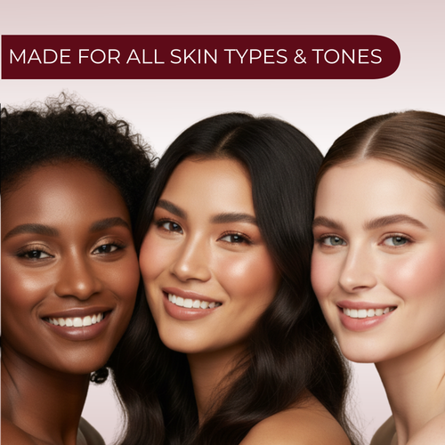 Three women with different skin tones smiling together, with text 'Made for all skin types & tones' above them.