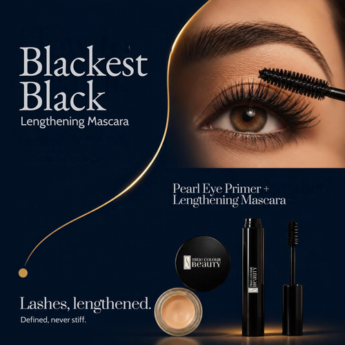 Blackest Black Lengthening Mascara advertisement featuring a close-up of a woman's eye with long lashes while wearing the mascara wand.