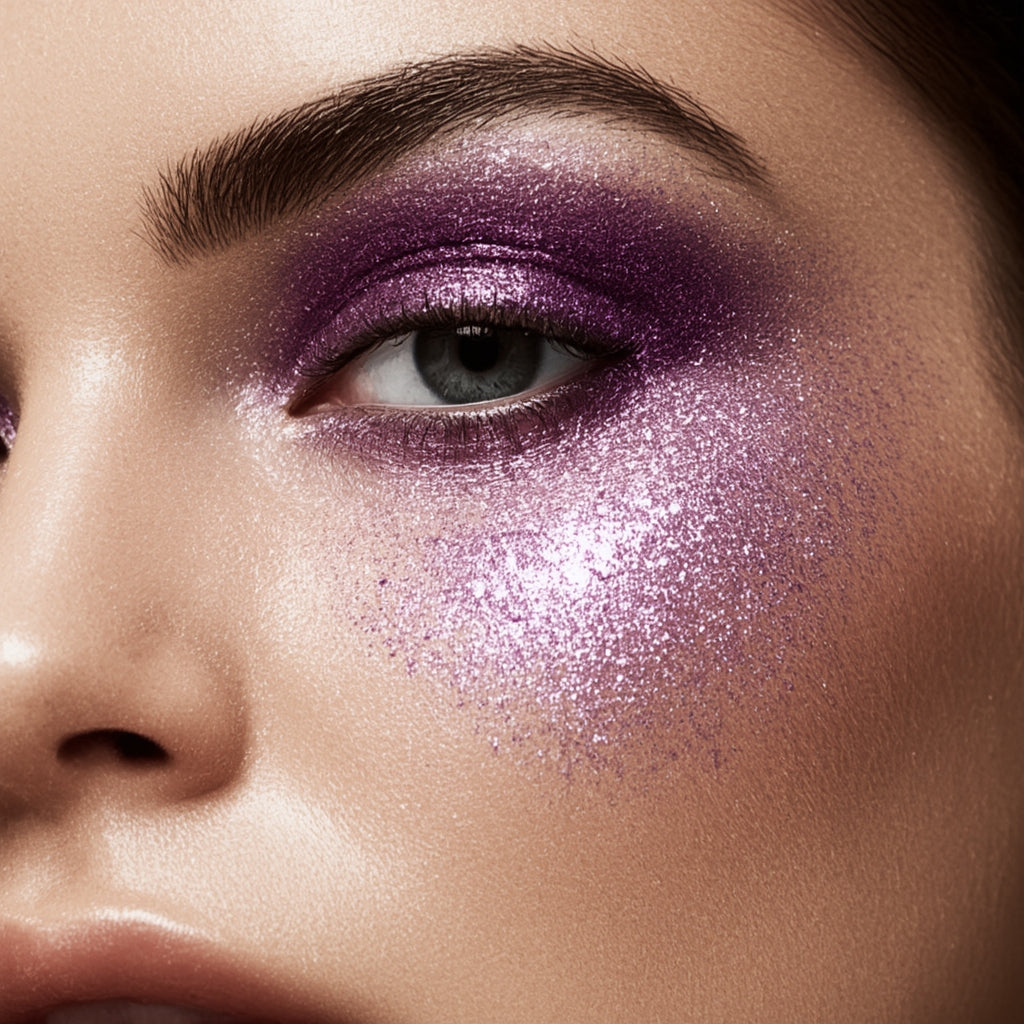 Close-up of a person's eye with purple glitter makeup