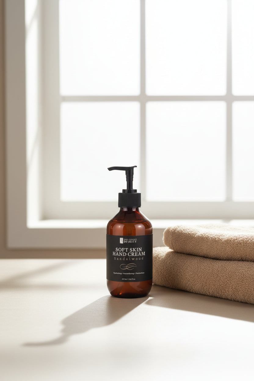Bottle of 'Soft Skin' body wash on a bathroom counter with a white tiled wall background.