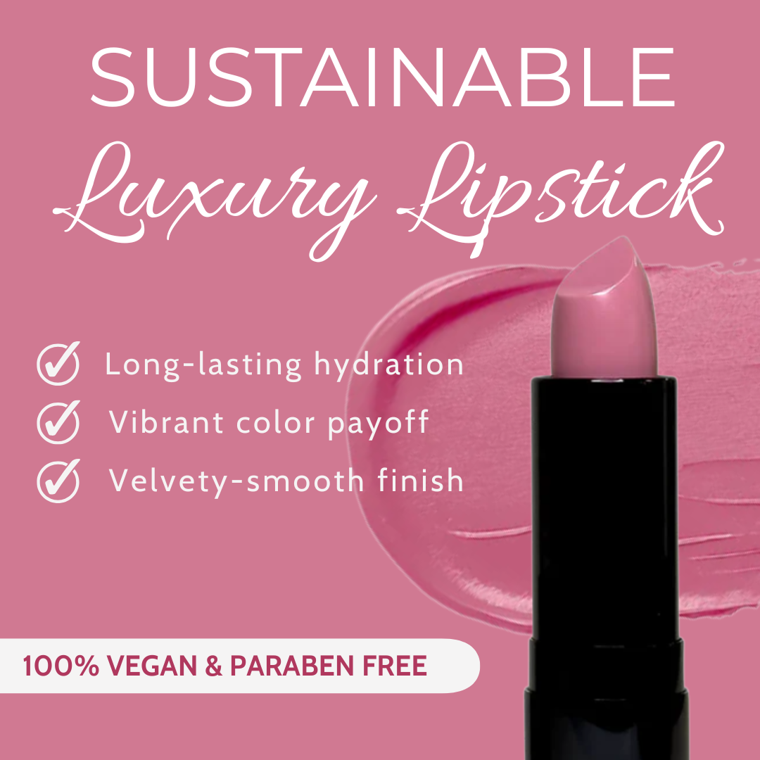 Lipstick with sustainability features on a pink background