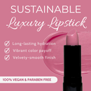 Lipstick with sustainability features on a pink background