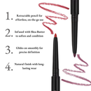 Retractable pencil with pink markings on a white background, featuring text about its features.