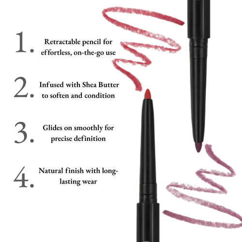 Retractable pencil with pink markings on a white background, featuring text about its features.