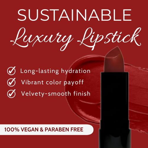 Sustainable luxury lipstick with product and features on a red background