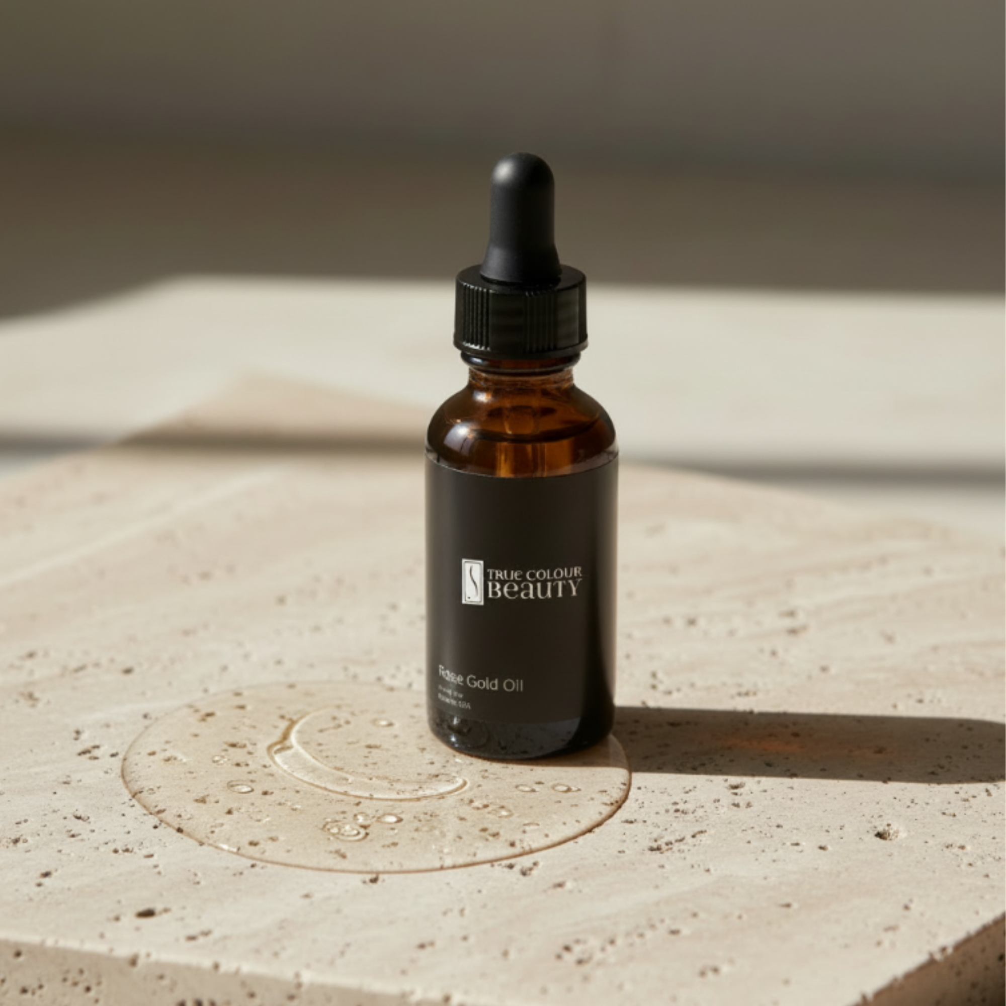 Bottle of True Colour Beauty Rose Gold Oil on a textured surface with soft lighting