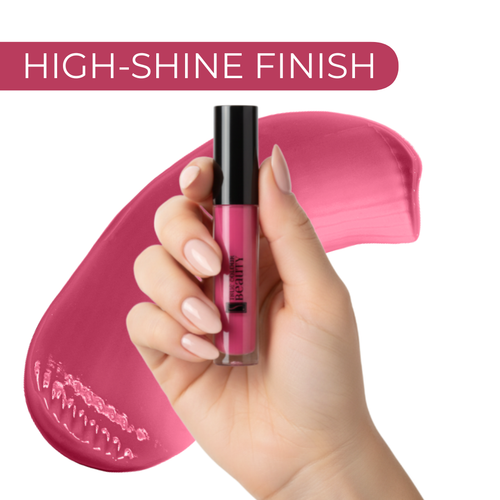 Hand holding a pink lip gloss with 'High-Shine Finish' text above