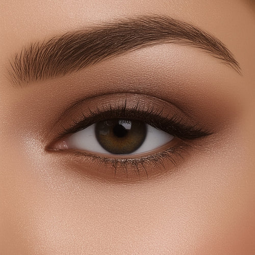 Close-up of a brown eye with detailed makeup on a beige background