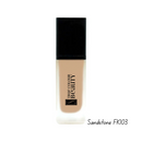 Foundation bottle with black cap and beige body on a white background