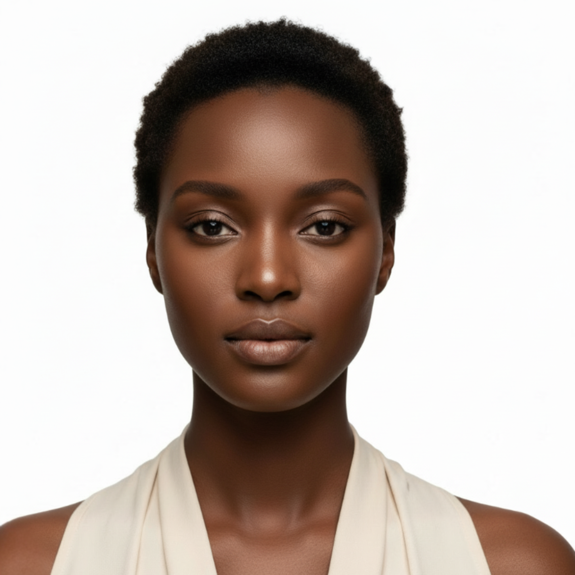 Woman wearing a beige scarf against a white background