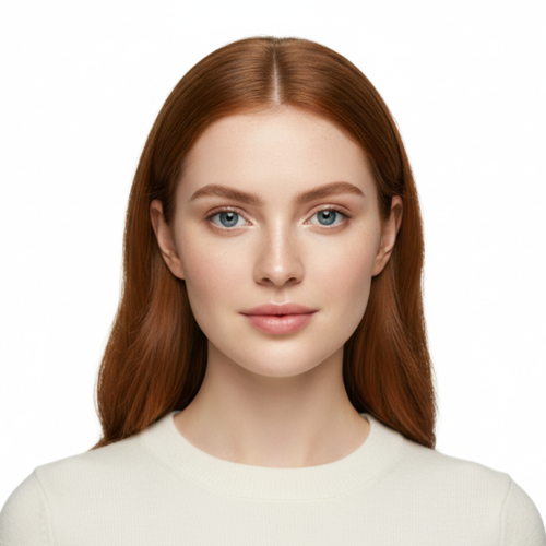 Woman with long brown hair and blue eyes on a white background