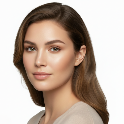 Woman with long brown hair on a white background