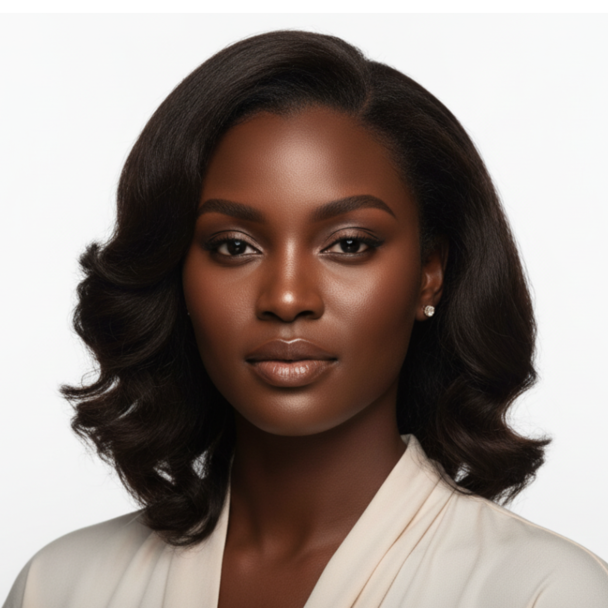 Woman with styled hair wearing a light-colored top on a white background
