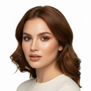 Woman with styled brown hair on a white background