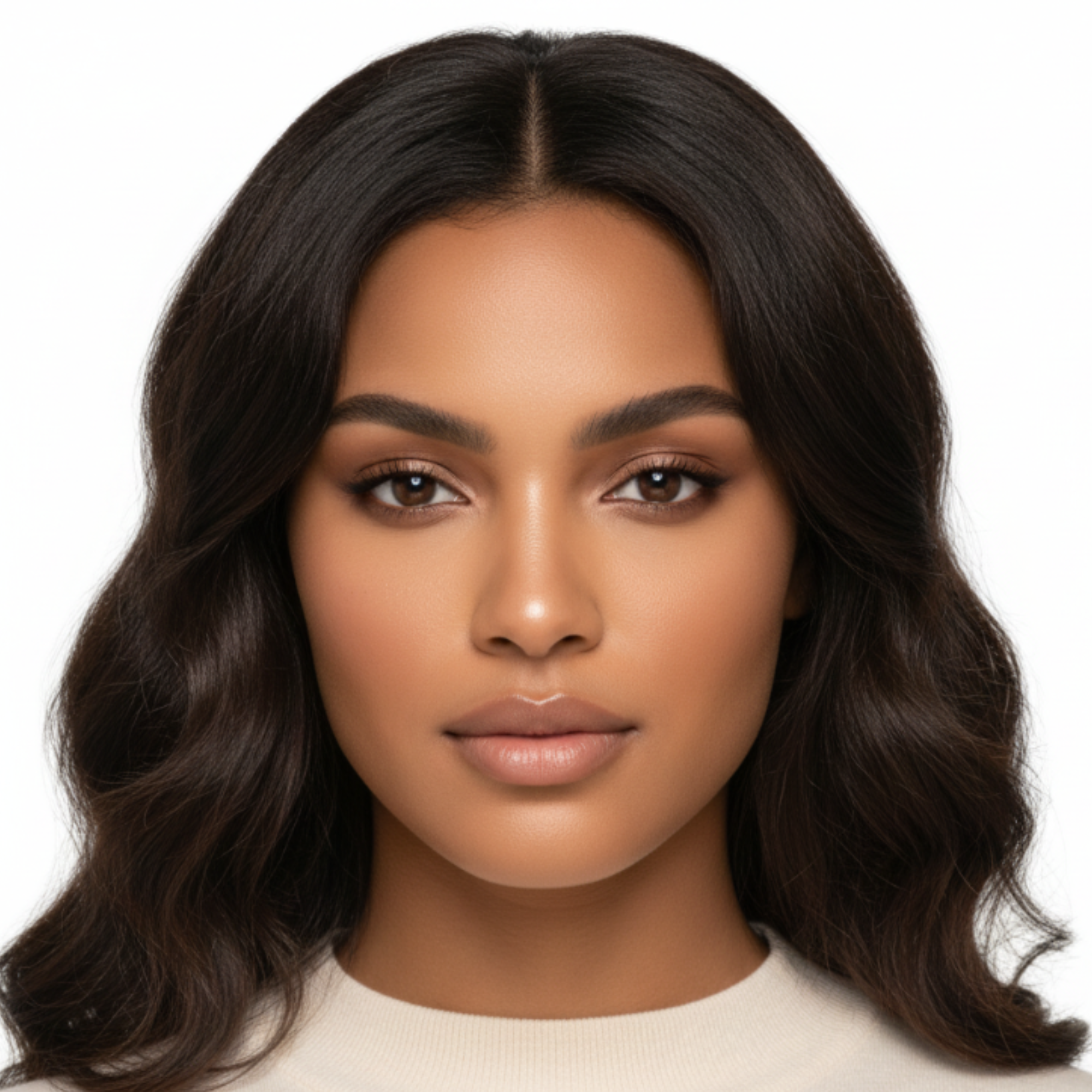 Woman with long, wavy hair on a white background