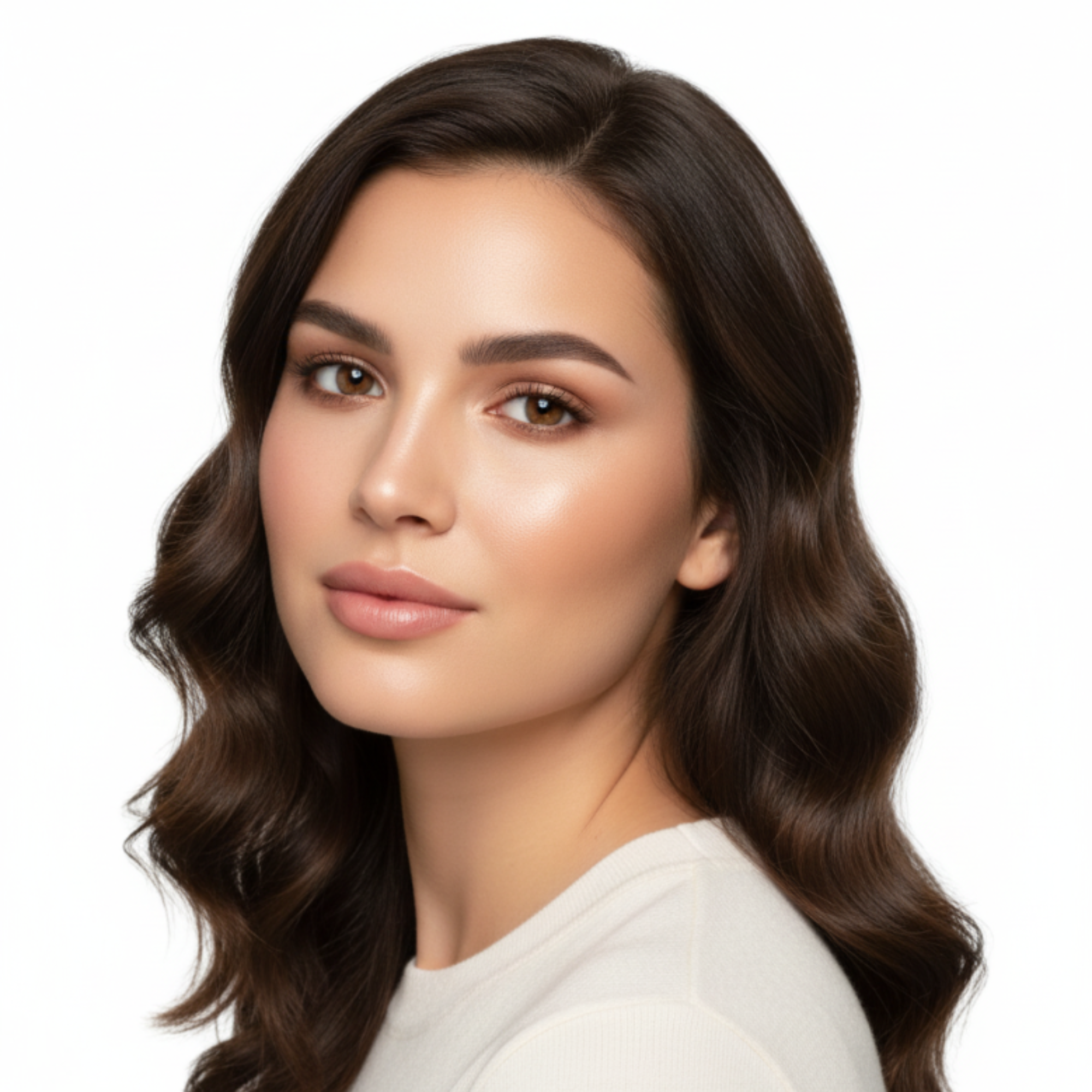 Dark haired woman in white shirt 