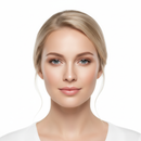 Woman with blonde hair and blue eyes on a white background