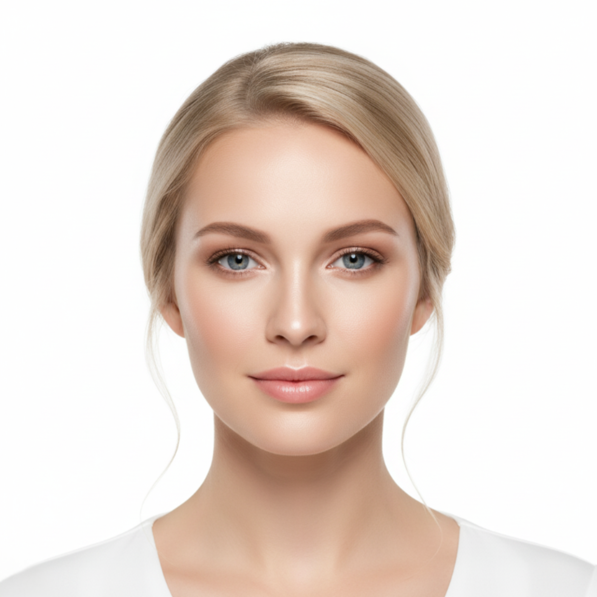 Woman with blonde hair and blue eyes on a white background