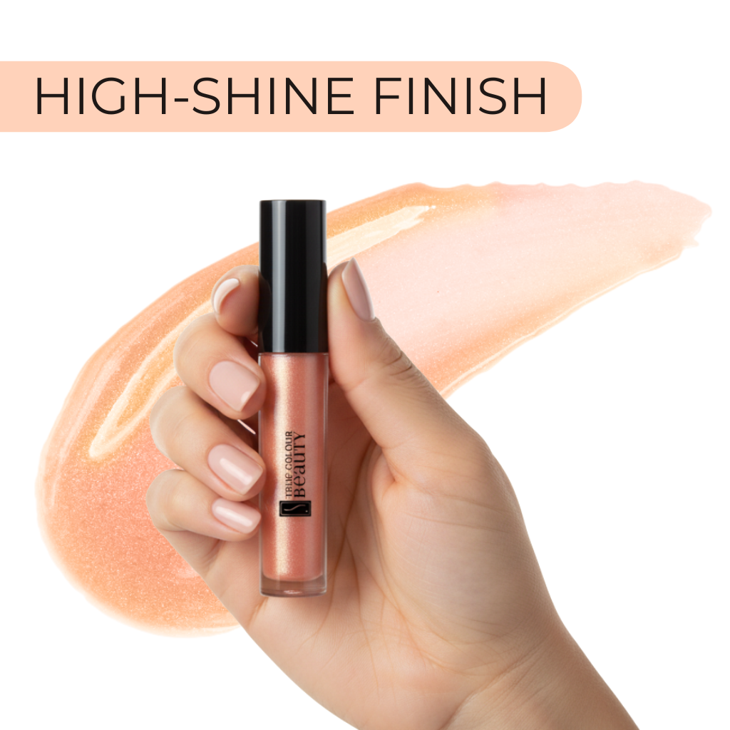 Hand holding a lip gloss with 'High-Shine Finish' text above