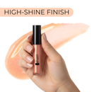 Hand holding a lip gloss with 'High-Shine Finish' text above