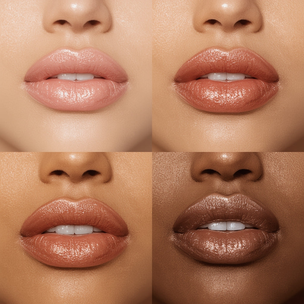 Four different shades of lipstick applied to lips on a neutral background