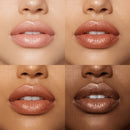Four different shades of lipstick applied to lips on a neutral background